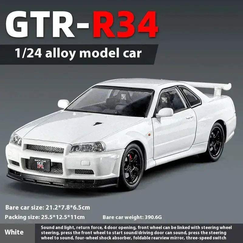1:24 Nissan GTR R34 Skyline Alloy Diecast Car Model With Sound Light Pull-Back - ToylandEU