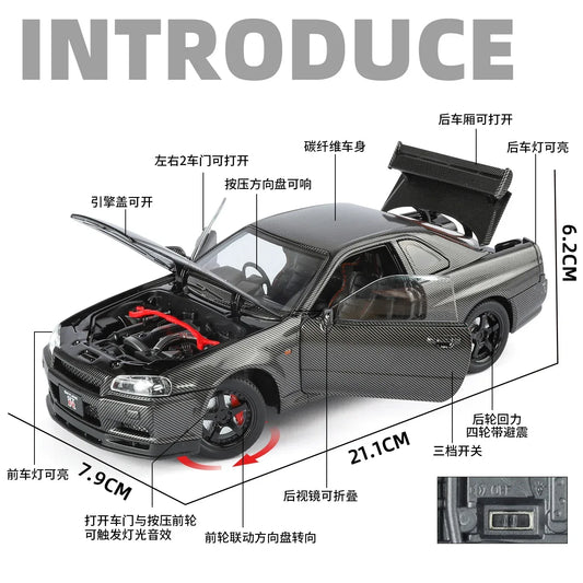 1:24 Nissan GTR R34 Skyline Carbon Fiber Diecast Model Car Sound and Light - ToylandEU