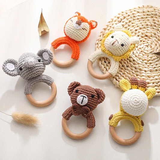 1 Piece Wooden Teether Rattle Toy With Crochet Amigurumi Animal For Newborn Unisex BPA Free - ToylandEU