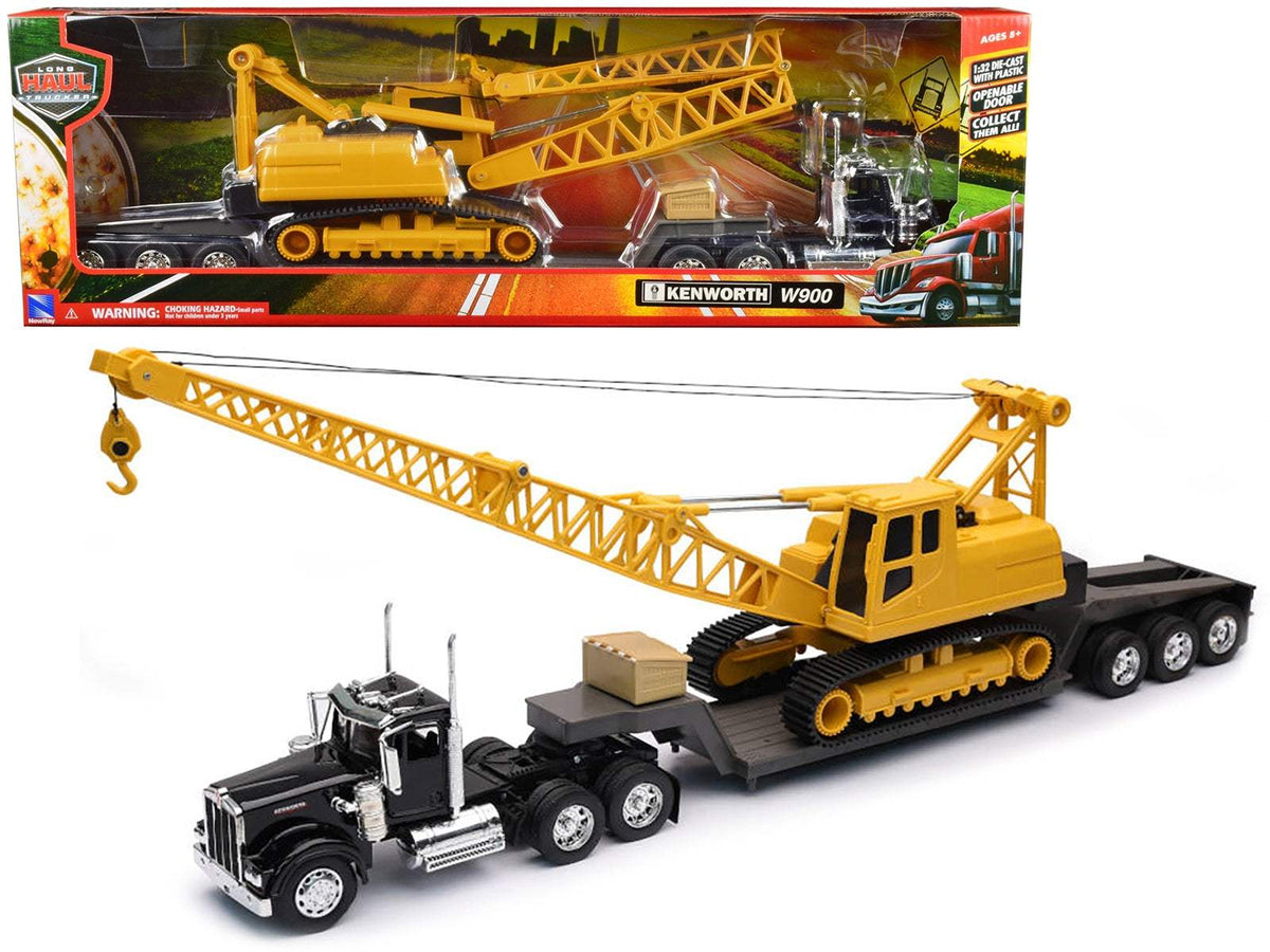 Kenworth W900 Truck with Lowboy Trailer Black and Crane Yellow | 1/32 Diecast Construction Model | New Ray | Long Haul Trucker Series