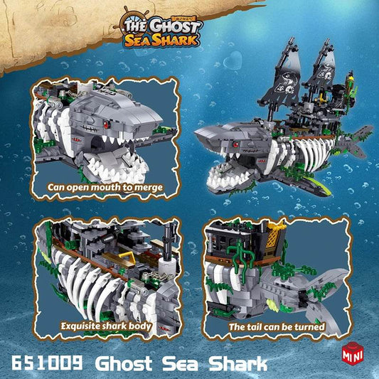 1155PCS Shark Pirate Ship Building Blocks Creative Sea Shark Ghost Ship Model Bricks With Light - ToylandEU