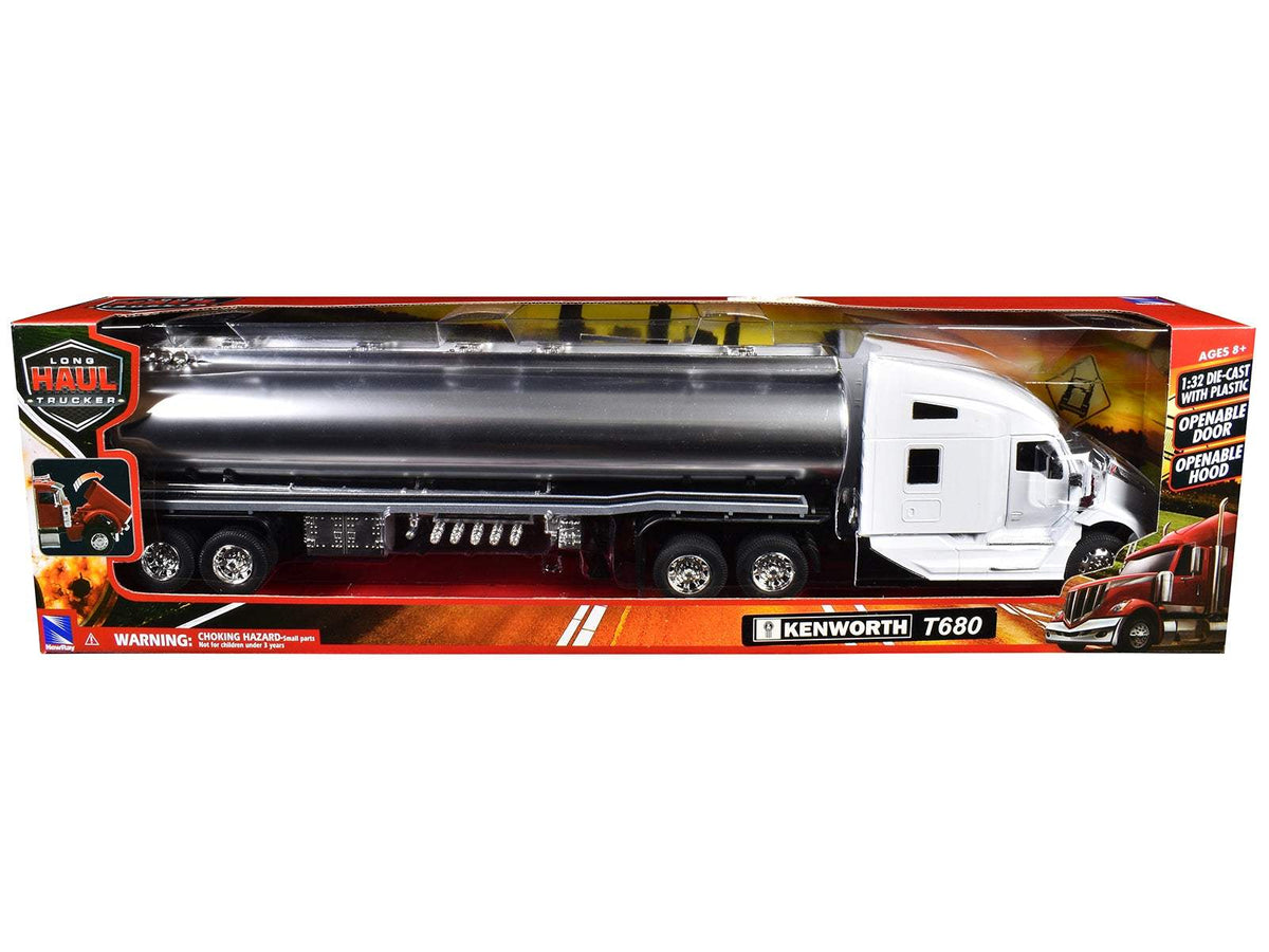 Kenworth T680 Truck White with Oil Tanker Trailer Chrome | 1/32 Diecast Model Truck | New Ray | Long Haul Trucker Series