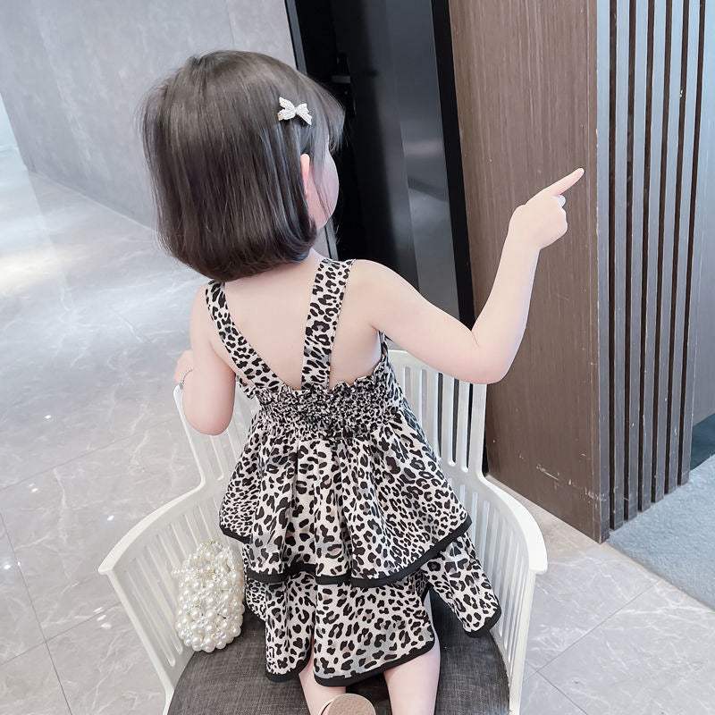 Girls' Leopard-Print Backless Lace-Up Tiered Dress | Coffee