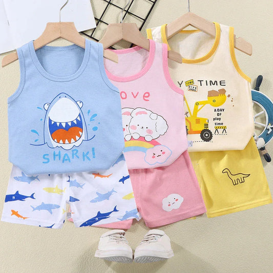 2 Pcs Summer Children's Animal Cartoon Print Vest Sets Girls Clothes Baby Korean Thin Boys Kids Sleeveless Casual Clothing Sets - ToylandEU
