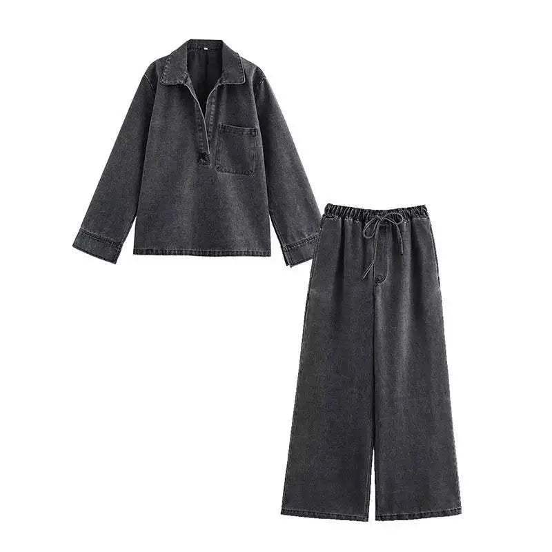 2024 Autumn Jeans Sets Women Turn-down Collar Casual Top Fashion High Waist Streetwear Female Denim Pant Two Piece Set - ToylandEU