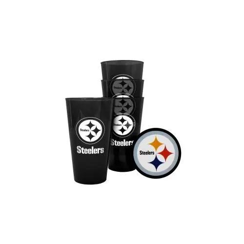 Pittsburgh Steelers Glass 16oz Pint Plastic 4 Pack with Coaster Set