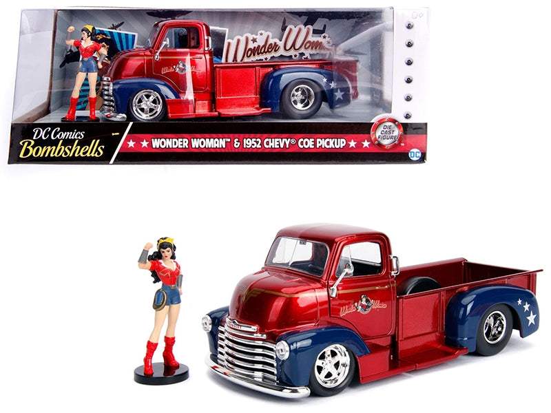 1952 Chevrolet COE Pickup Truck Candy Red and Blue with Wonder Woman | 1/24 Scale Figure | Jada | Collector Quality