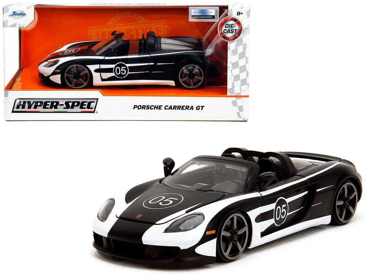 Porsche Carrera GT Convertible #05 Black with White Graphics | 1/24 Diecast Model Car | Jada | Hyper-Spec Series