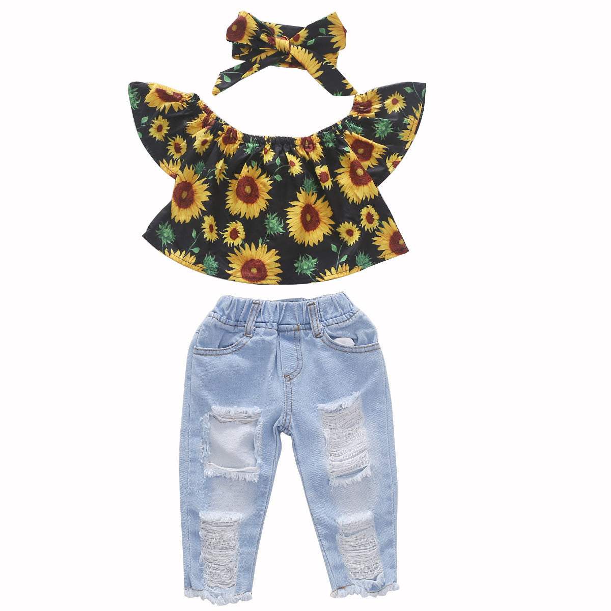 Kids' Cotton Ripped-Hole Pants And Headscarf 3-Piece Set | Flower Pattern | White And Yellow