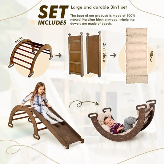 3in1 Montessori Climbing Set: Climbing Arch + Slide Board + Cushion – Chocolate - ToylandEU