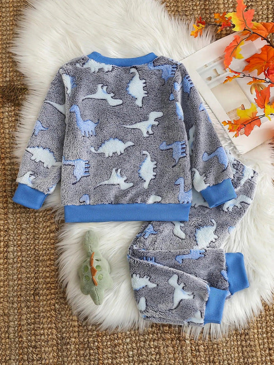 4-6Y Boys Flannel Dinosaur Print 2-Piece Set With Long Sleeve Shirt And Pants - ToylandEU