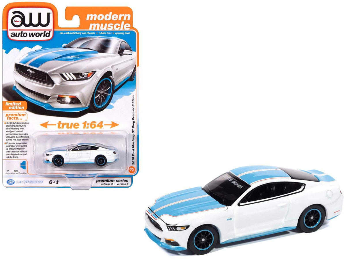 2016 Ford Mustang Diecast | 1/64 Scale | Oxford White Petty Blue Stripes