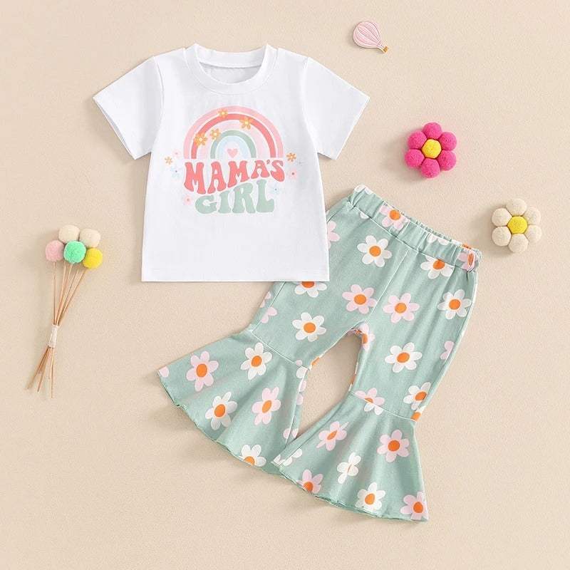 Baby Letter Print Long-Sleeve And Bell-Bottom Pants Set | Daddy's Girl And Mama's Girl