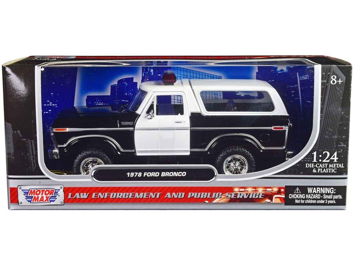 1978 Ford Bronco Police Car Unmarked Black and White | 1/24 Diecast Model Car | Motormax | Law Enforcement and Public Service Series