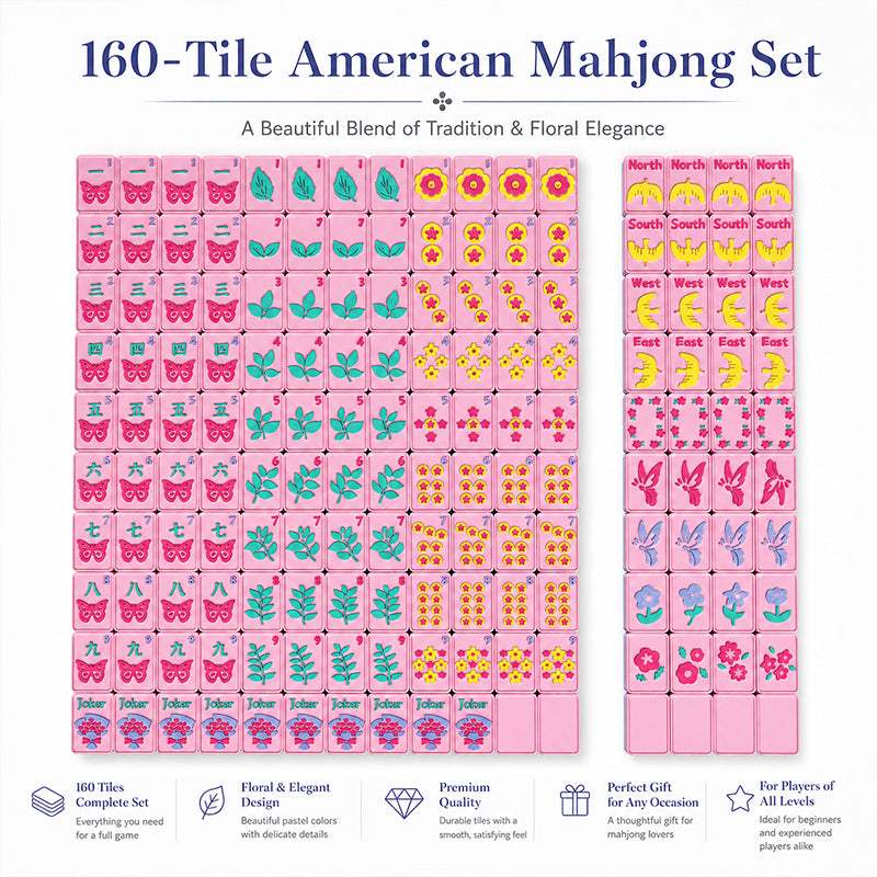 160-Tile American Mahjong Set | Pink Floral Butterfly | Raised 3D Details