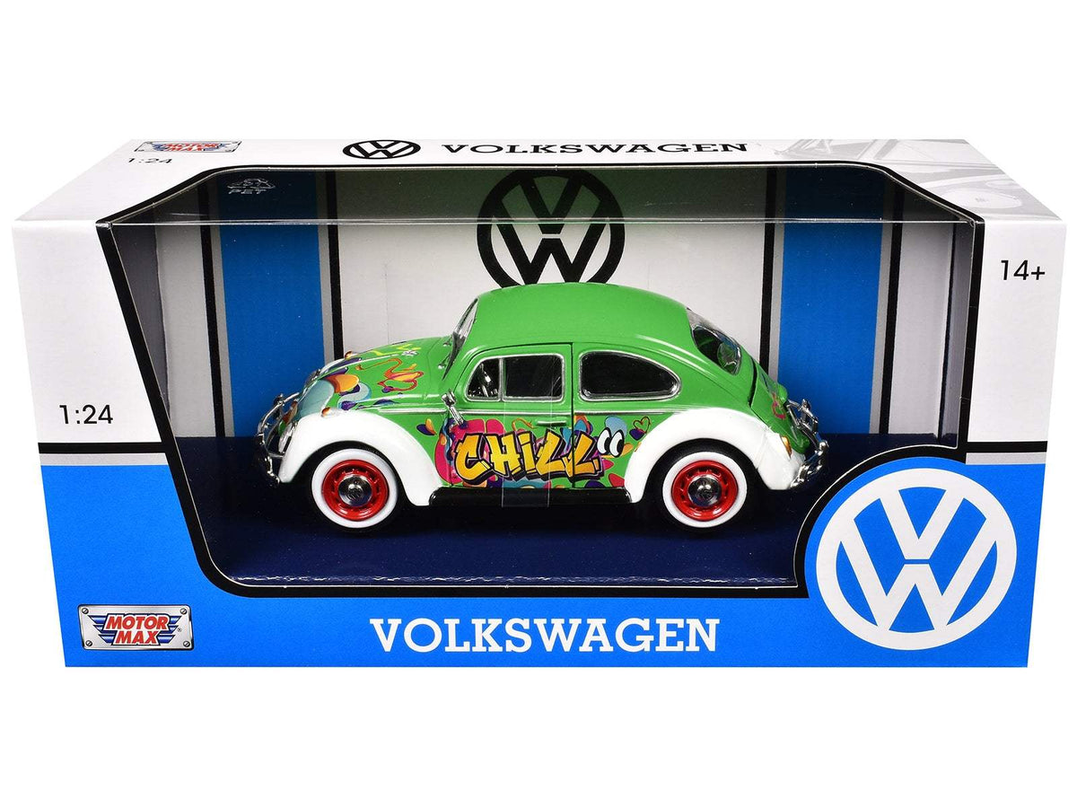 1966 Volkswagen Beetle Green with Graffiti Graphics | 1/24 Diecast Model Car | Motormax | Collector Quality