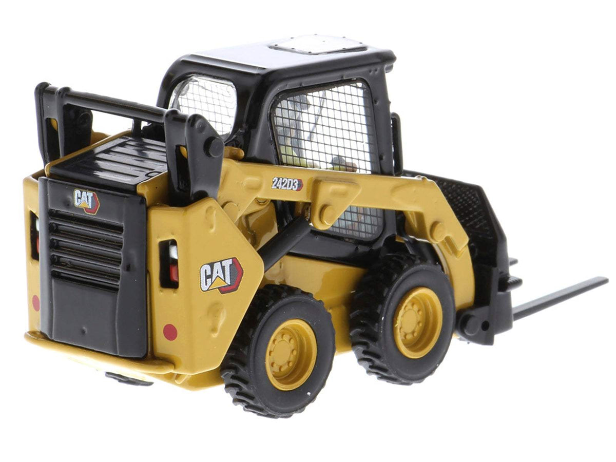 CAT Caterpillar 242D3 Wheeled Skid Steer Loader with Work Tools and Operator Yellow | 1/50 Diecast Construction Model | Diecast Masters | High Line