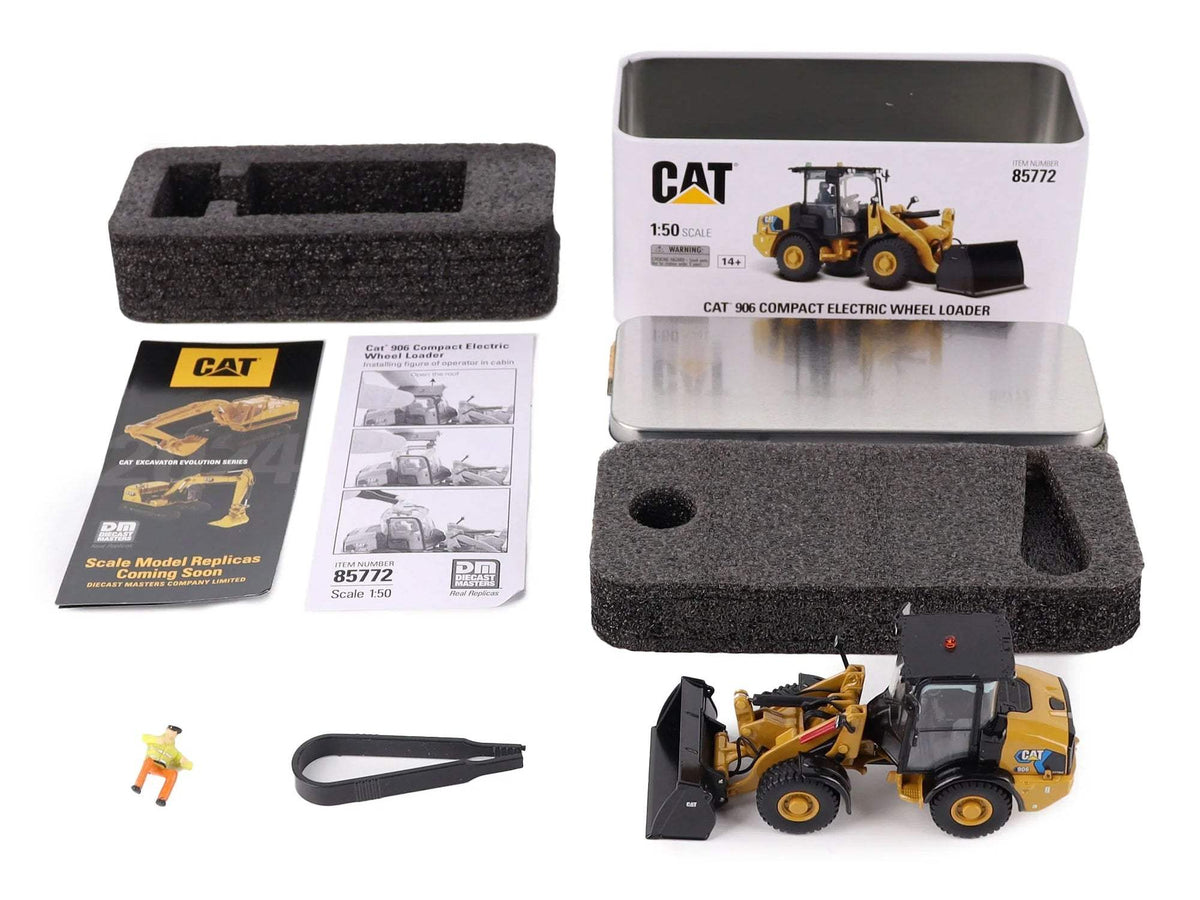CAT Caterpillar 906 Electric Compact Wheel Loader Yellow with Operator | 1/50 Diecast Construction Model | Diecast Masters | High Line Series
