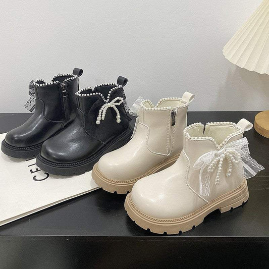 Girls' Pearl Bow Boots | Artificial Leather Heel Upper | Soft Sole | Comfortable Fit