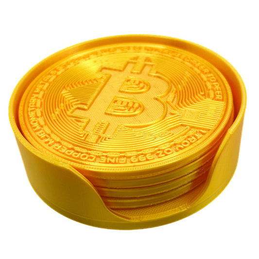 Bitcoin Coasters | Stacked Coin Design | Metallic Gold Finish | Desk Bar Decor