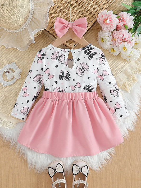 Adorable Baby Girl Dress Cartoon Bow Pattern Round Neck For 0 To 1 Year - ToylandEU