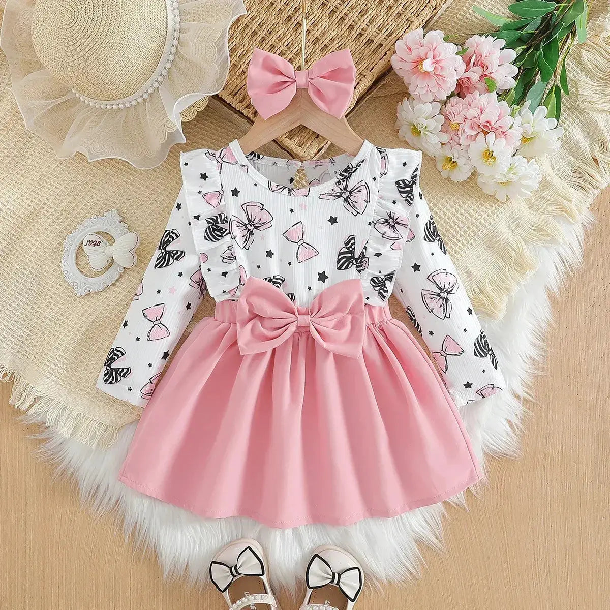 Adorable Baby Girl Dress Cartoon Bow Pattern Round Neck For 0 To 1 Year - ToylandEU