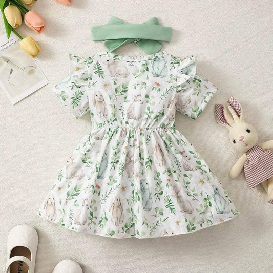 Adorable Baby Girl Dress With Bunny Plant Print Bow For 0 To 2 Year Olds Summer Wear - ToylandEU