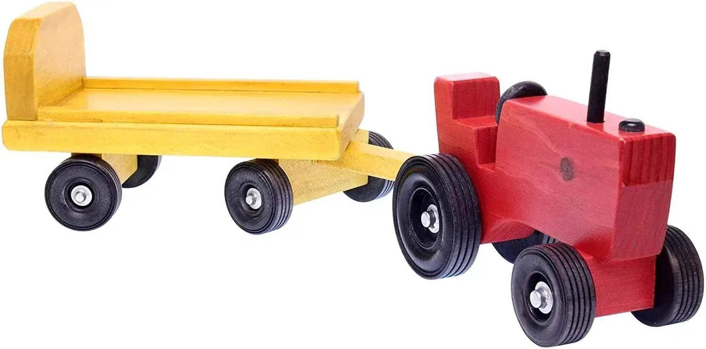 Amish-Made Wooden Toy Tractor and Wagon Set with Hay Bales - ToylandEU