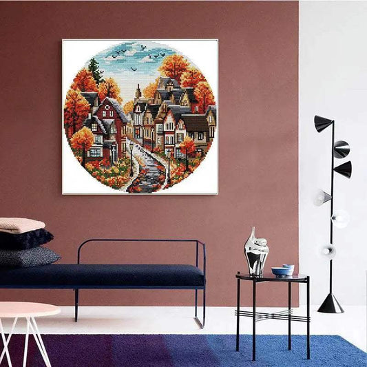 Autumn Streets Cross Stitch Kit by Joy Sunday - Aida Fabric Sewing Set for DIY Home Decor and Gifts - ToylandEU™