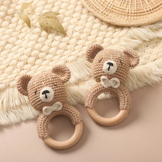 Baby Crochet Bear Rattle Toy 10 cm Cube Wooden Elements Unisex 0-36 Months Montessori - ToylandEU