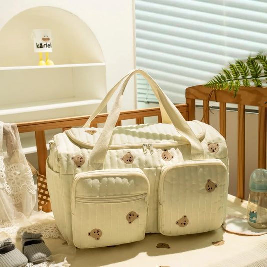Baby Diaper Bag Cute Bear Flower Embroidery Pattern Mommy Bag Baby Beige Cotton Fabric Zipper Diaper Handbag New Luggage Bag - ToylandEU