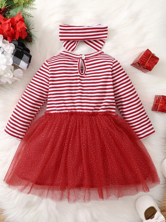 Baby Girl Christmas Deer Dress With Red Striped Mesh Sleeves - ToylandEU