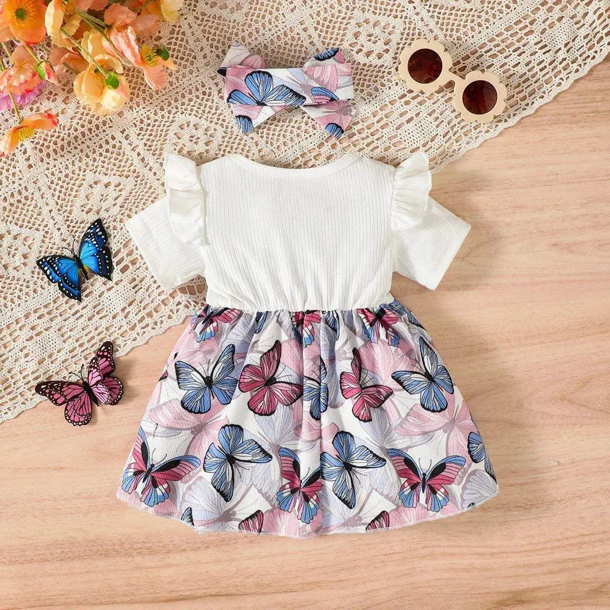 Baby Girl Summer Dress Set With Butterfly Print Headband - ToylandEU