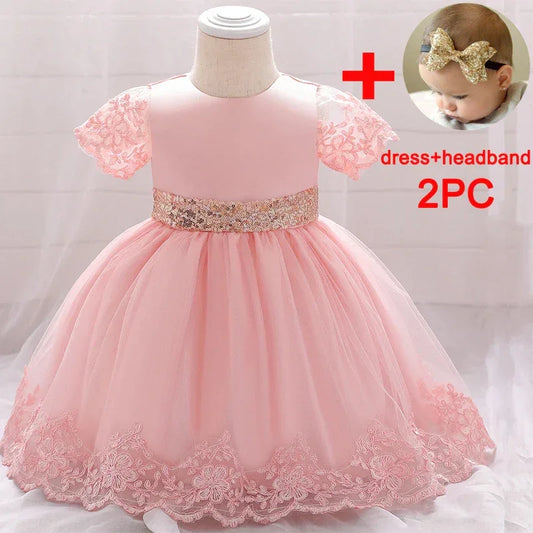 Baby Girls Dress With Sequined Bow for Baptism Birthday Wedding - ToylandEU