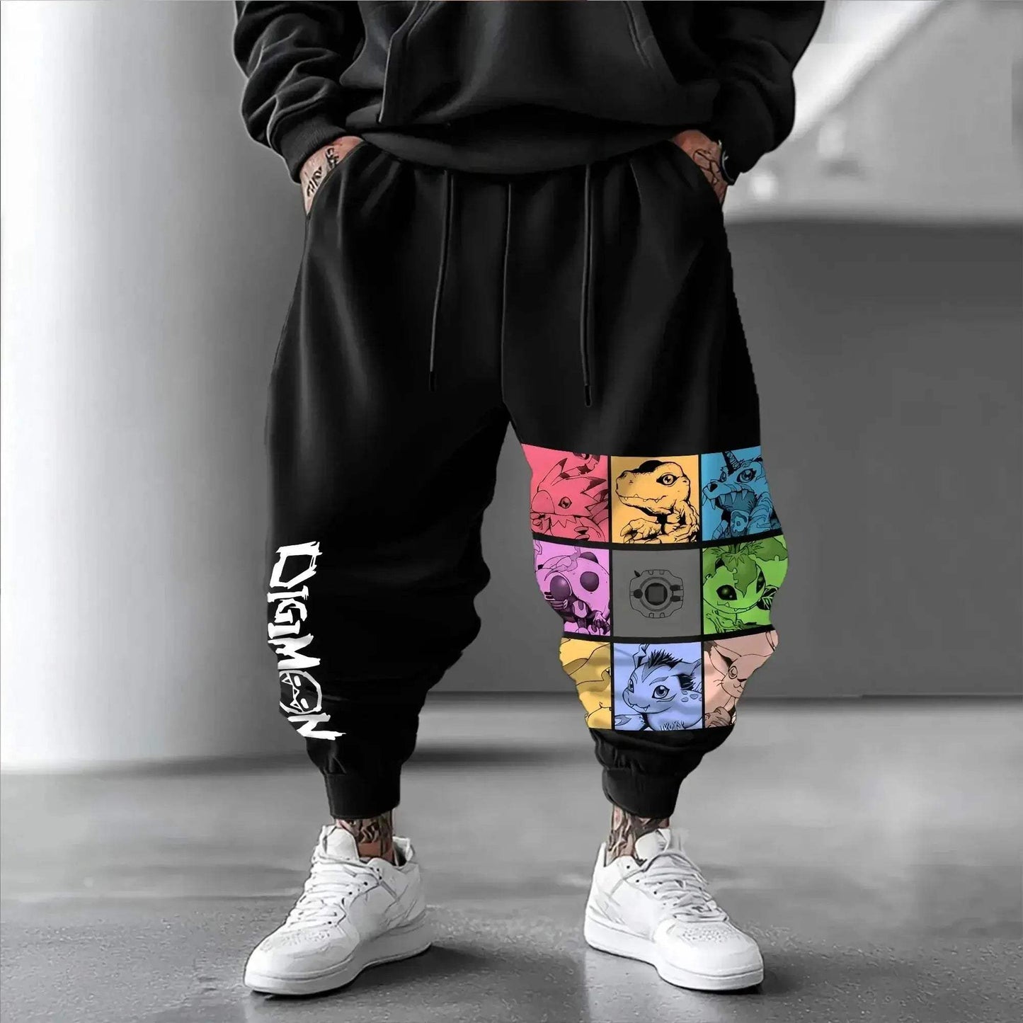 Black Digimon Anime Joggers With Angelmon Patamon Print Loose Fit - ToylandEU