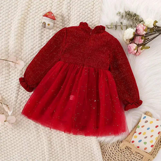 Chic Baby Girl Dress Red Mesh Collar Pearl Toyland EU - ToylandEU™