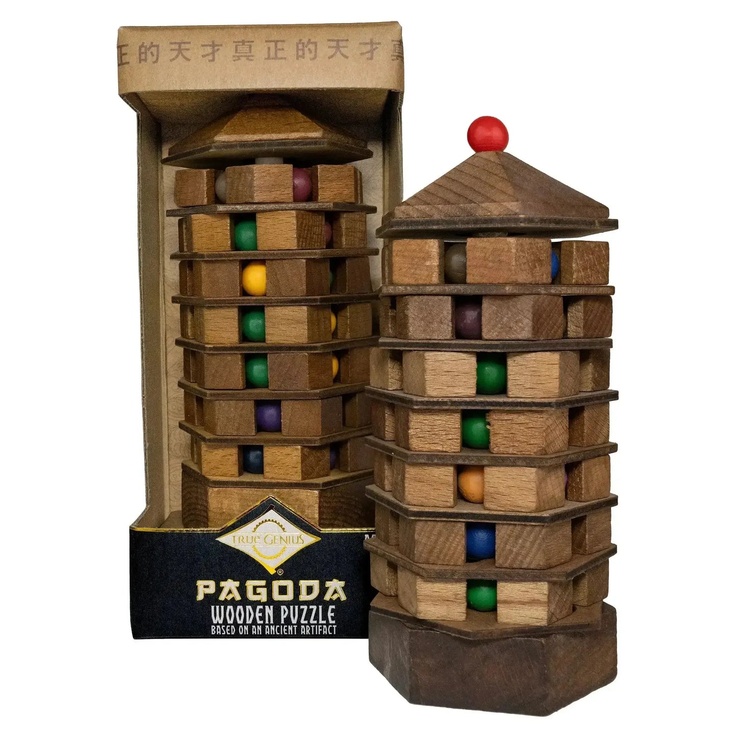 Chinese Pagoda Tilt Puzzle Wooden Brain Teaser With Colored Spheres - ToylandEU