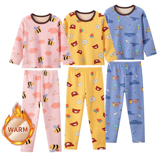 Cozy 2 Piece Kids Pajama Set Velvet Lined With Cute Printed Pattern Unisex For Winter Home Wear - ToylandEU