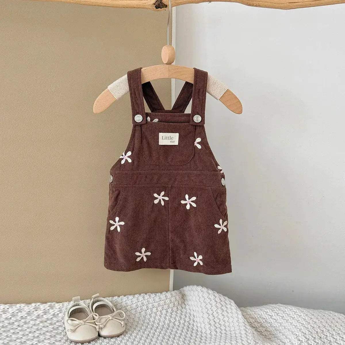 Cozy Corduroy Skirt With Flower Embroidery Pocket And Lace Edge Straps For Toddler Girls - ToylandEU