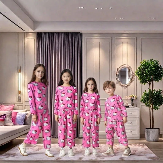 Cozy Kids Pajama Set Flannel Thickened Velvet Hello Kitty Cartoon Print For Winter Home Wear - ToylandEU