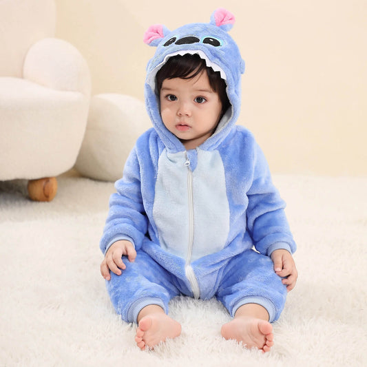 Cozy Plush Stitch Hooded Kigurumi Romper For Babies And Toddlers Unisex Flannel Fabric - ToylandEU