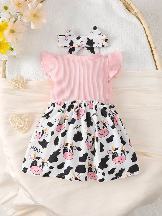 Cute Cartoon Cow Baby Girl Dress Set Skin Friendly - ToylandEU