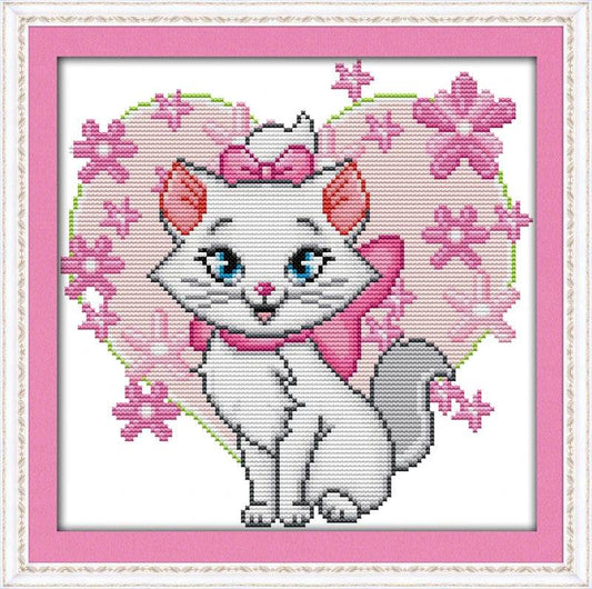 Cute Cartoon Pink Cat Cross Stitch Kit - DIY Embroidery Art 14ct/11ct - ToylandEU