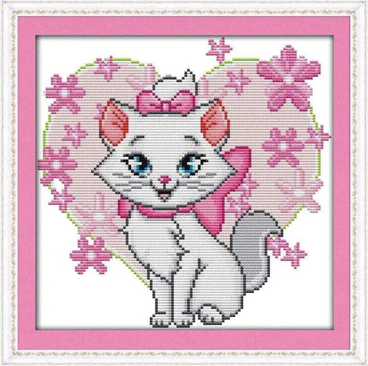 Cute Cartoon Pink Cat Cross Stitch Kit - DIY Embroidery Art 14ct/11ct - ToylandEU™
