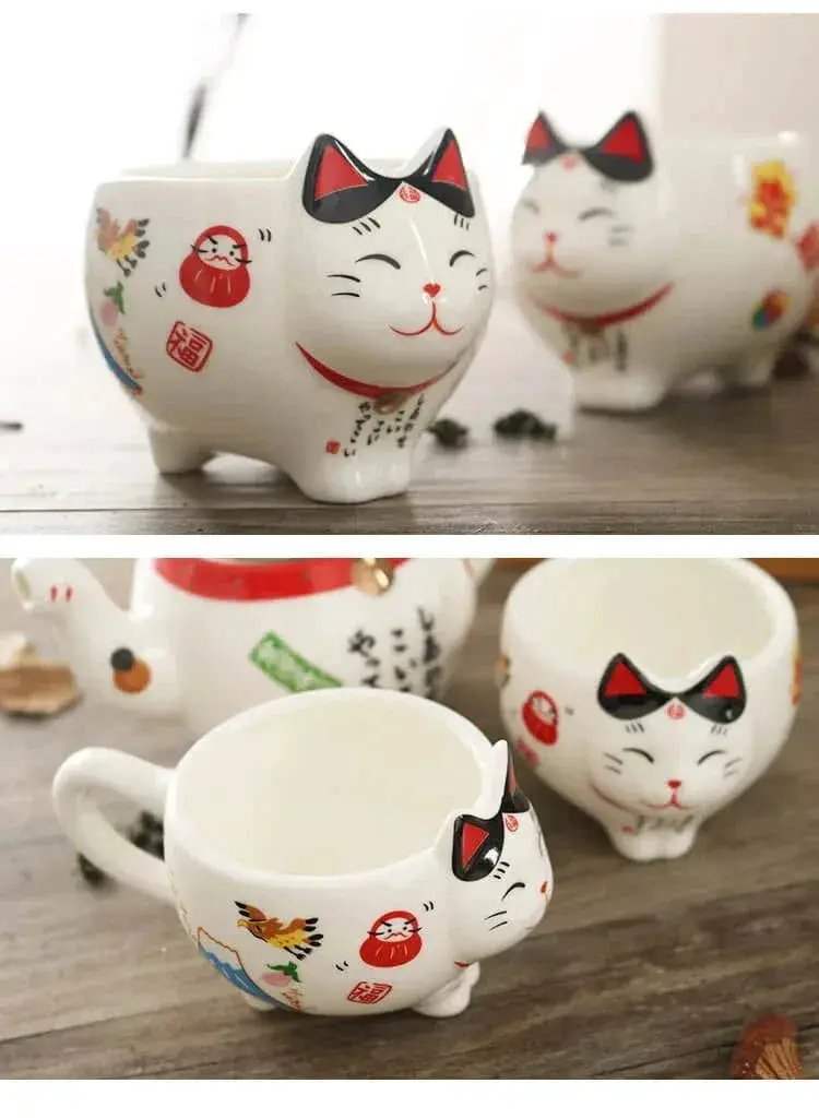 Lucky Cat Tea Set Ceramic Handcrafted Porcelain With Strainer - ToylandEU