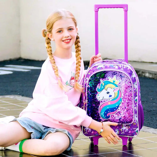 Cute Rolling Backpack For Girls 3-In-1 With Lunch Bag And Pencil Case Unicorn Purple Sequins - ToylandEU