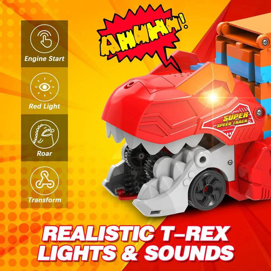 Dinosaur Transport Truck Set with 8 Race Cars and Ejection Track Toy for Kids Ages 3+ - ToylandEU