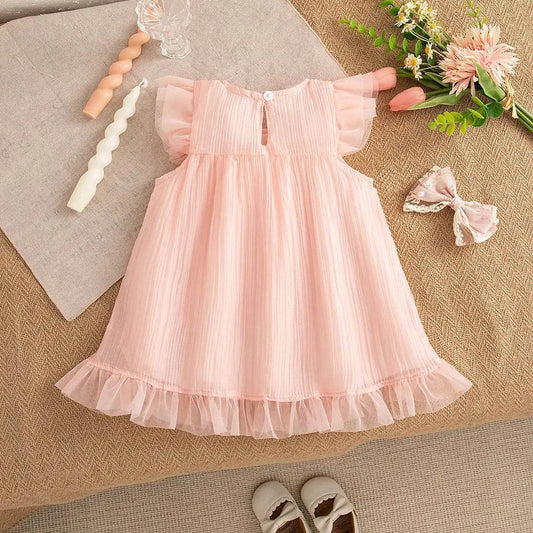 Elegant Baby Dress Gauze Flying Sleeve Bow Embellishment Pink Toddler Girls Birthday Party - ToylandEU
