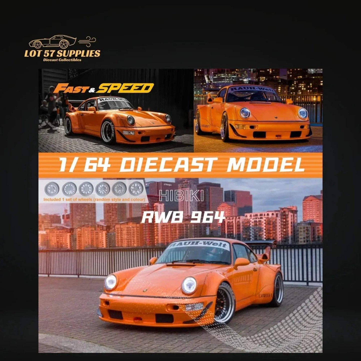 Fast Speed Porsche 964 RWB Widebody HIBIKI GT Version Rear Wing in Orange 1:64 - ToylandEU