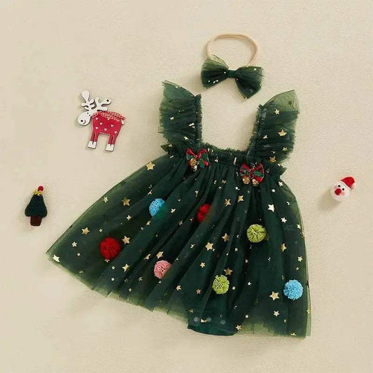 Festive Baby Girl Dress Star Print Square Neck Sleeveless Layered Tulle Romper With Plush Ball For Babies - ToylandEU